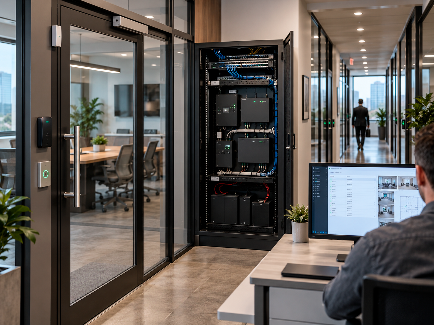 Sistema empresarial de control de acceso con lector de credenciales, cerradura electrónica, controladores y software de administración en una oficina.