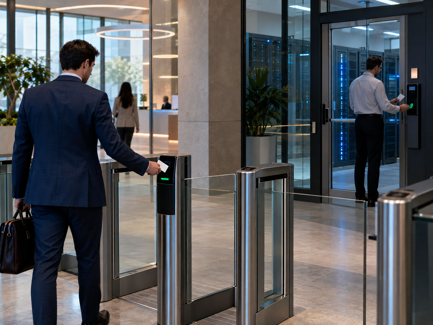 Empleados utilizando distintos niveles de control de acceso en una oficina, con credencial en la entrada general y autenticación adicional para ingresar a un área crítica.