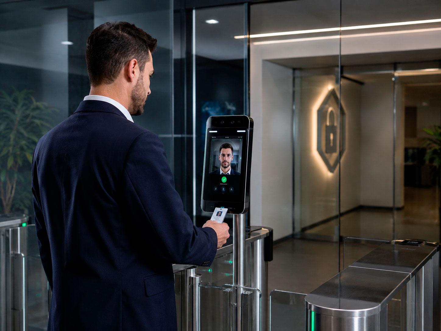 Ejecutivo utilizando un sistema de control de acceso con reconocimiento facial y credencial en la entrada de una oficina corporativa.