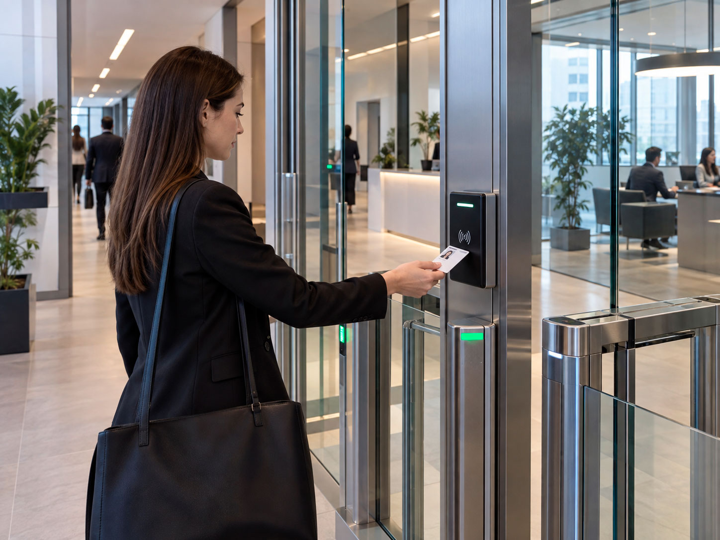 Empleada utilizando una tarjeta de proximidad en un sistema de control de acceso instalado en la entrada de una oficina corporativa.