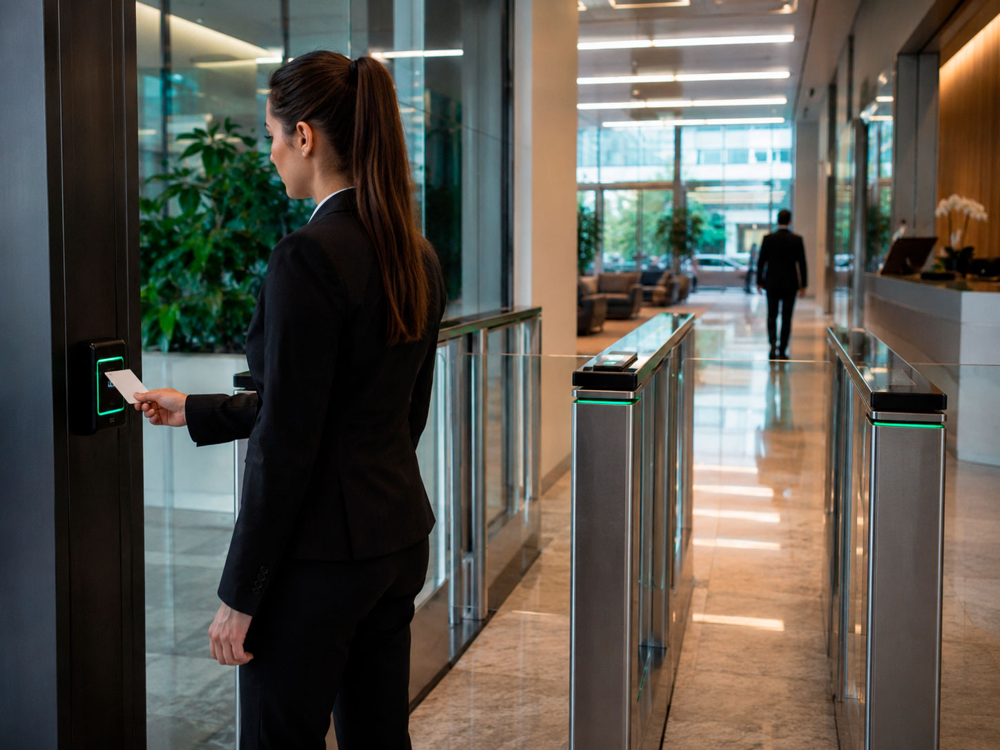 Empleada utilizando una tarjeta de proximidad en un lector de control de acceso para ingresar a una oficina corporativa.