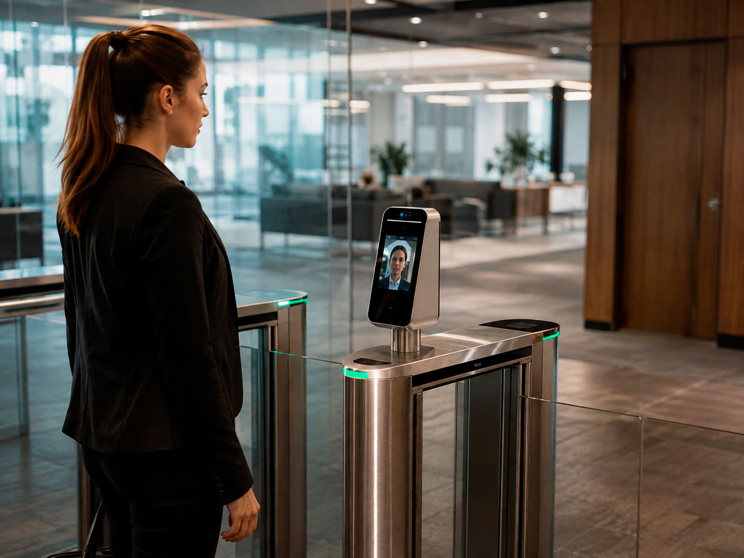 Empleada utilizando reconocimiento facial en un sistema de control de acceso biométrico instalado en la entrada de una oficina corporativa.